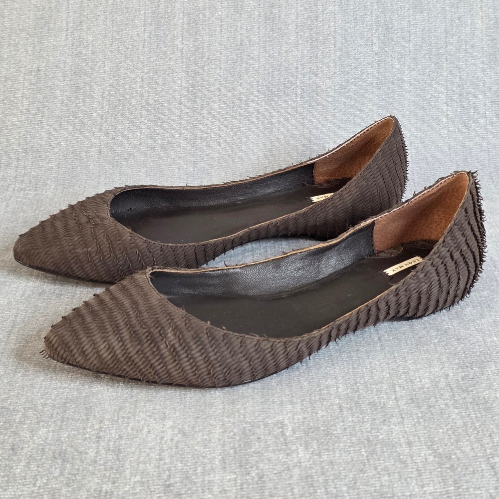 Leon Max Pointed Toe Flats Womens 7M Brown Textured Leather Feathered Fringe